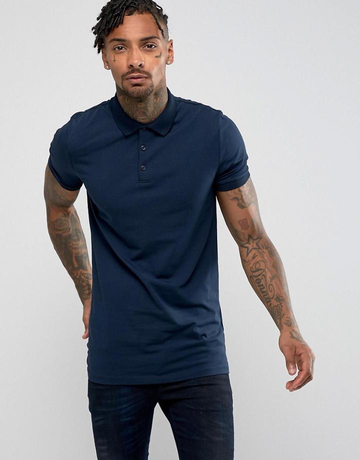 Asos Longline Muscle Polo In Jersey - Navy