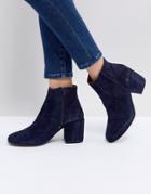 Selected Suede Ankle Boot With Chunky Heel - Navy