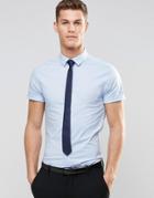 Asos Skinny Shirt In Blue With Short Sleeves And Navy Tie Pack Save 15% - Blue