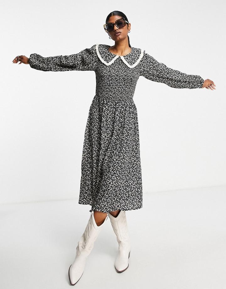Vila Long Sleeve Midi Smock Dress With Collar In Black Floral