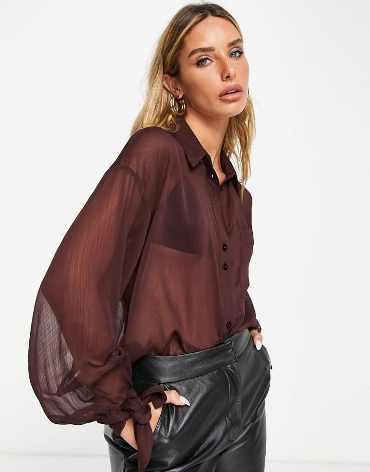 Asos Design Oversized Shirt With Tie Cuff In Chocolate-brown