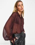 Asos Design Oversized Shirt With Tie Cuff In Chocolate-brown