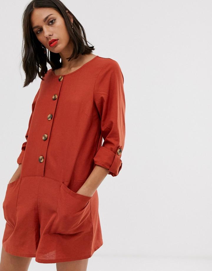 Asos Design Long Sleeve Button Front Boiler Romper - Red