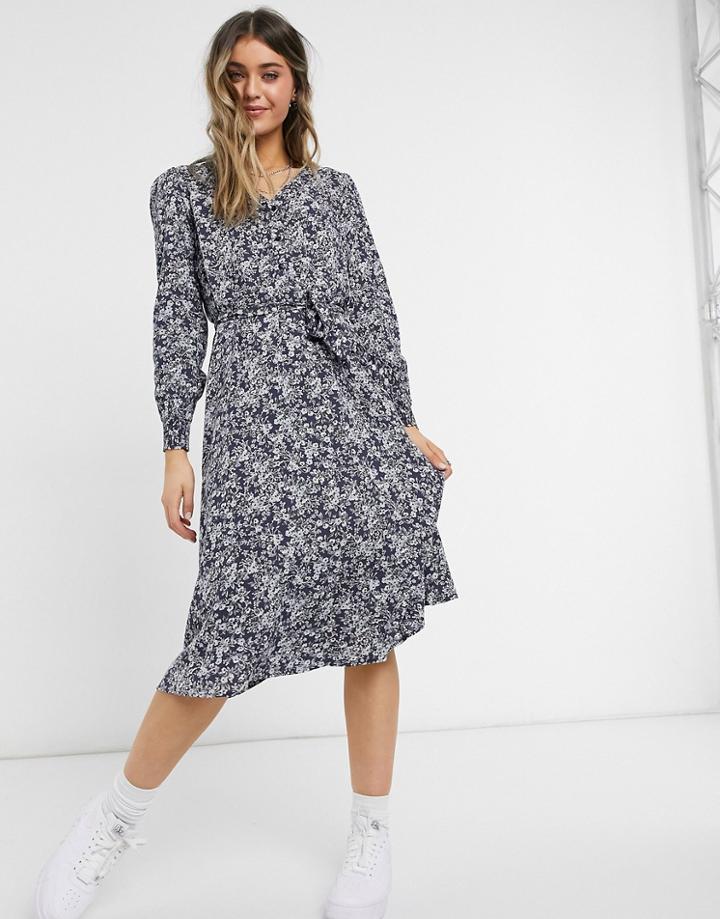 Pieces Floral Midi Dress In Ombre Blue-multi