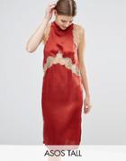 Asos Tall Sleeveless Satin Column Midi Dress With Lace Inserts - Brown