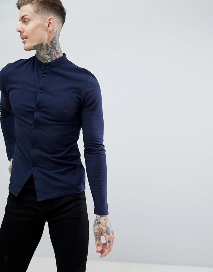 Boohooman Muscle Fit Jersey Shirt With Grandad Collar In Navy - Navy