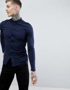 Boohooman Muscle Fit Jersey Shirt With Grandad Collar In Navy - Navy