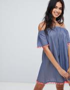 Anmol Off Shoulder Chambray Beach Dress With Pom Pom Trim-blue