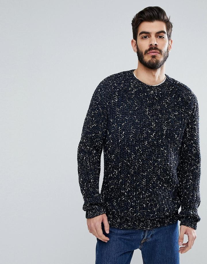 Asos Fisherman Rib Sweater In Navy Twist - Navy