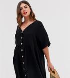 Asos Design Curve V Neck Button Through Mini Smock Dress - Black