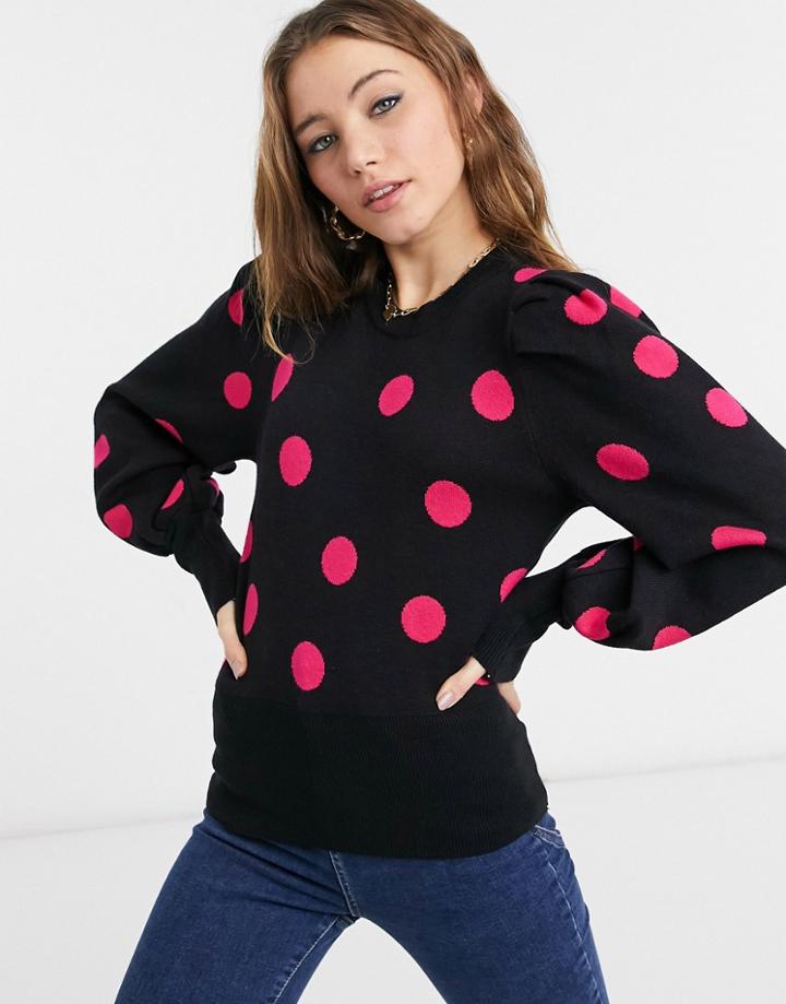 Qed London Puff Sleeve Polka Dot Sweater In Black And Pink