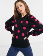 Qed London Puff Sleeve Polka Dot Sweater In Black And Pink