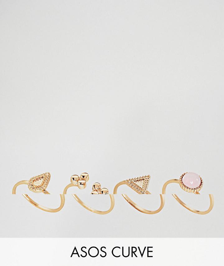 Asos Curve Pack Of 4 Pretty Engraved Shape And Stone Rings - Gold