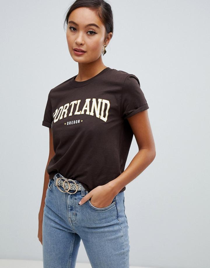 Miss Selfridge Portland Slogan T-shirt In Brown - Brown