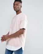Asos Super Oversized T-shirt In Heavy Weight With Contrast Hem Extender And Pockets - Pink