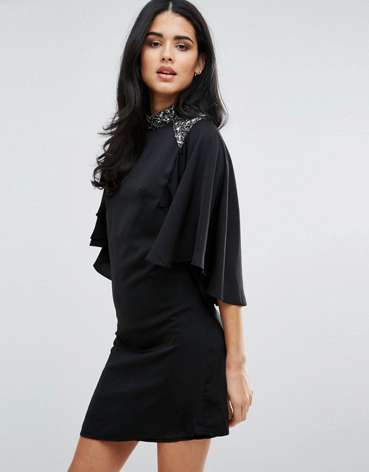 Little Mistress Flutter Sleeve High Neck Dress - Black
