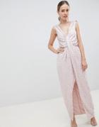 Asos Design Drape Knot Front Scatter Sequin Maxi Dress - Cream