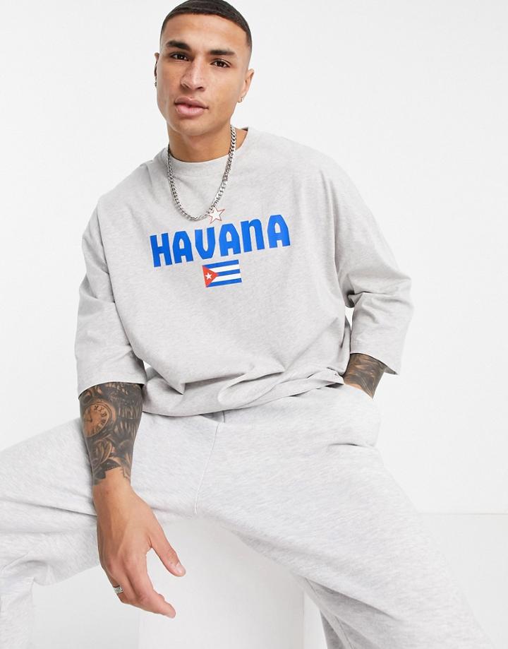 Asos Design Oversized T-shirt In Gray Heather With Havana City Print-grey