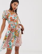 Pieces Mix Print Square Neck Mini Smock Dress - Orange