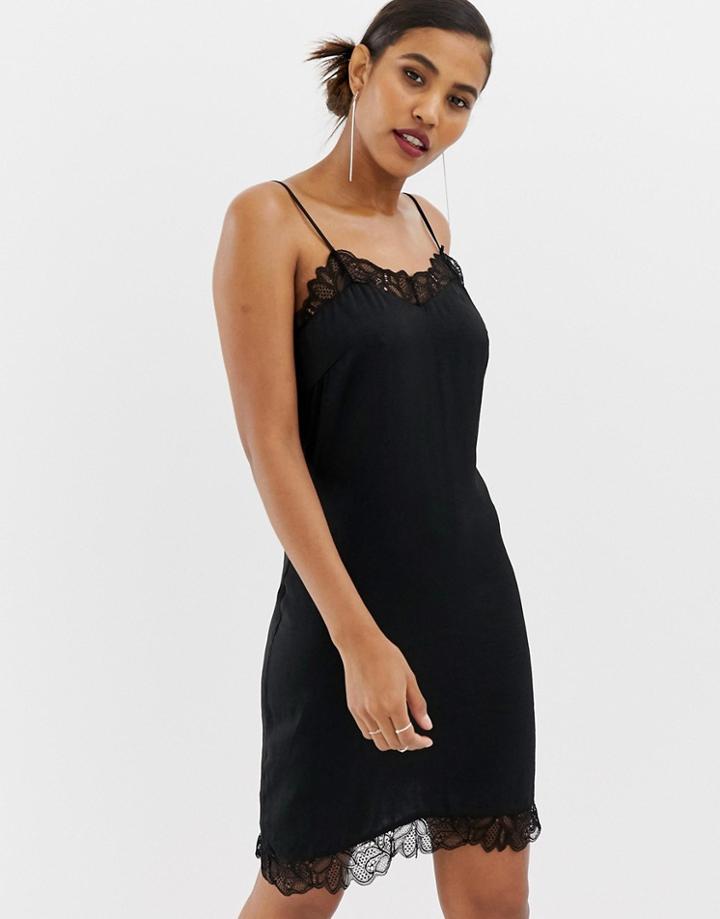 Y.a.s Satin Cami Dress With Lace Detail - Black