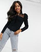 Asos Design Sweater With Mesh And Tie Neck Detail In Black