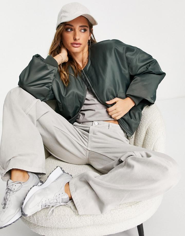 Topshop Cropped Collarless Bomber Jacket In Dark Green