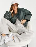Topshop Cropped Collarless Bomber Jacket In Dark Green
