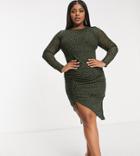 Naanaa Plus Mesh Midi Dress With Side Split In Khaki Animal-green