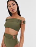 Asos Design Recycled Layered Bandeau Bikini Top With Tortoiseshell Ring Detail In Khaki - Green
