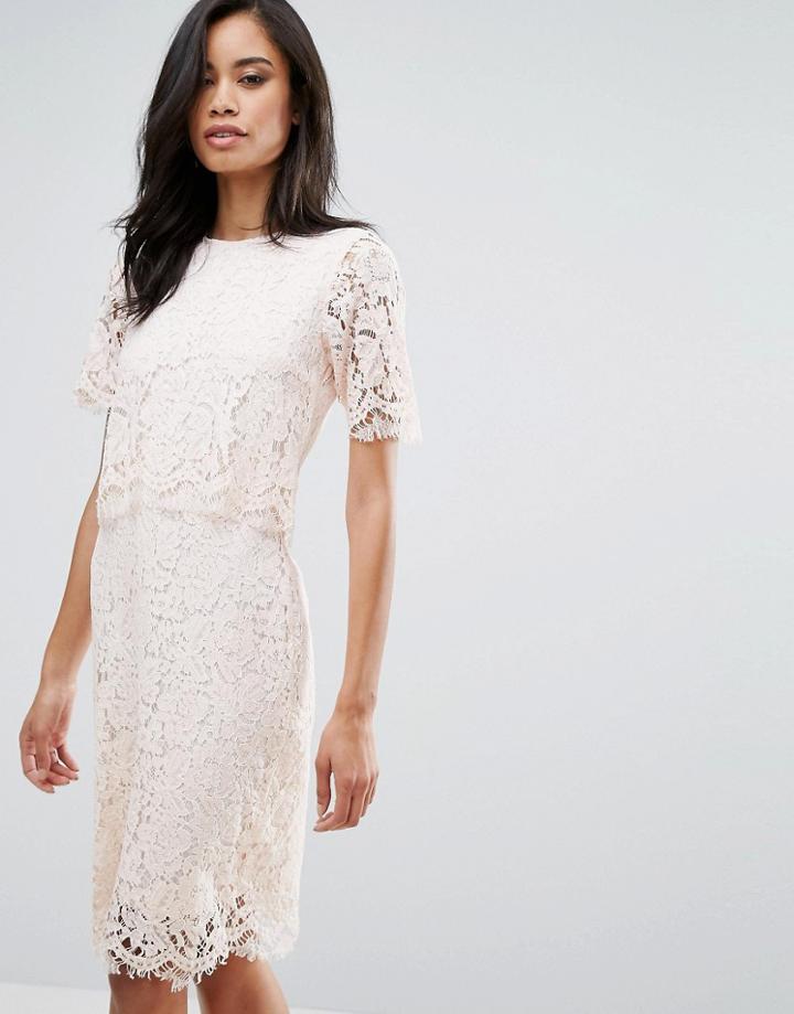 Club L Lace Detail Overlay Midi Scallop Dress - Pink