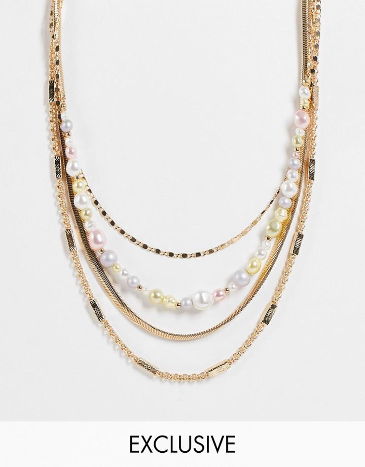 Reclaimed Vintage Inspired Unisex Multirow Necklace With Pastel Faux Pearl Chain In Gold