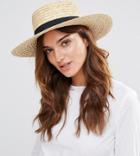 South Beach Straw Boater Hat With Black Ribbon - Beige