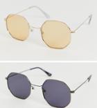 Asos Design 2 Pack Metal Hexagon Sunglasses In Gold And Matt Black - Multi