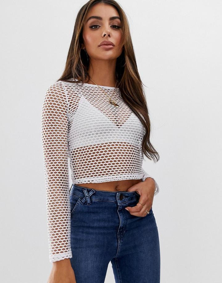 Asos Design Fishnet Long Sleeve Top In White