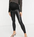 Asos Design Maternity Leather Look Leggings With Bump Band And Pintucks In Black
