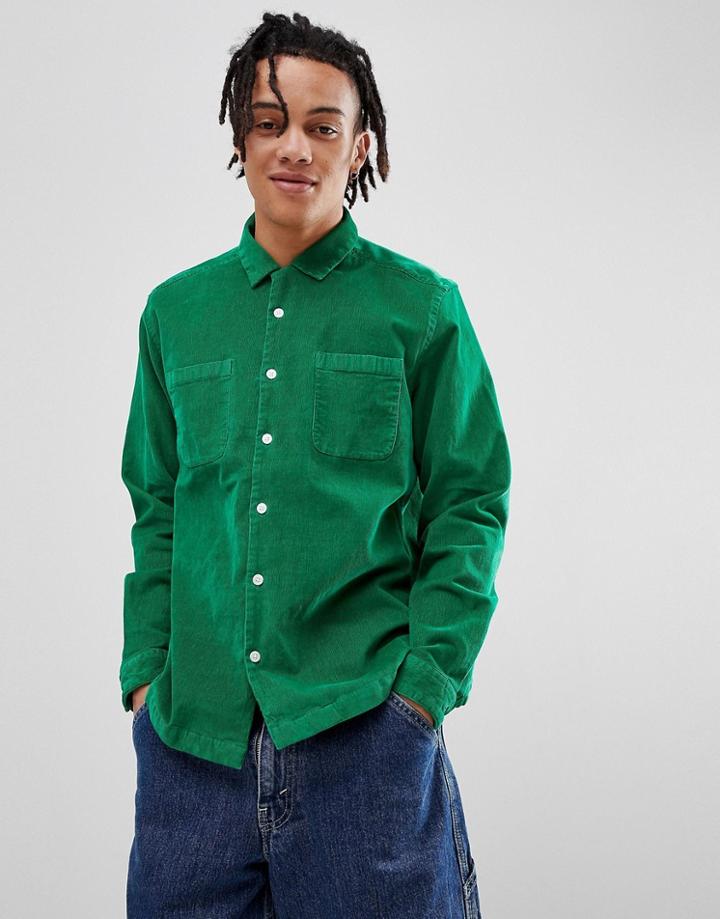 Asos Design Stretch Slim Cord Shirt With Revere Collar In Green - Green