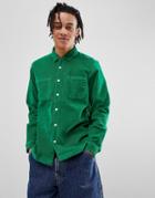 Asos Design Stretch Slim Cord Shirt With Revere Collar In Green - Green