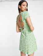 Bershka Square Neck Mini Dress In Green Floral Print