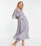 Asos Design Maternity Blouson Embroidered Maxi Dress With Cape Back-purple