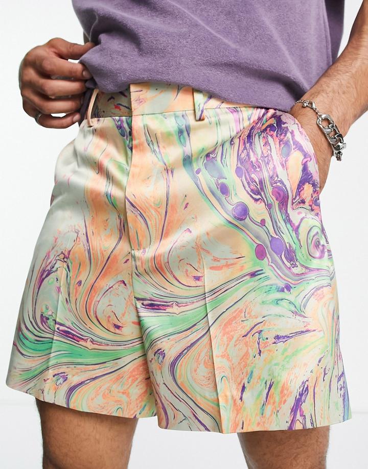 Asos Design Smart Cropped Bermuda Shorts In Pink Marble Print