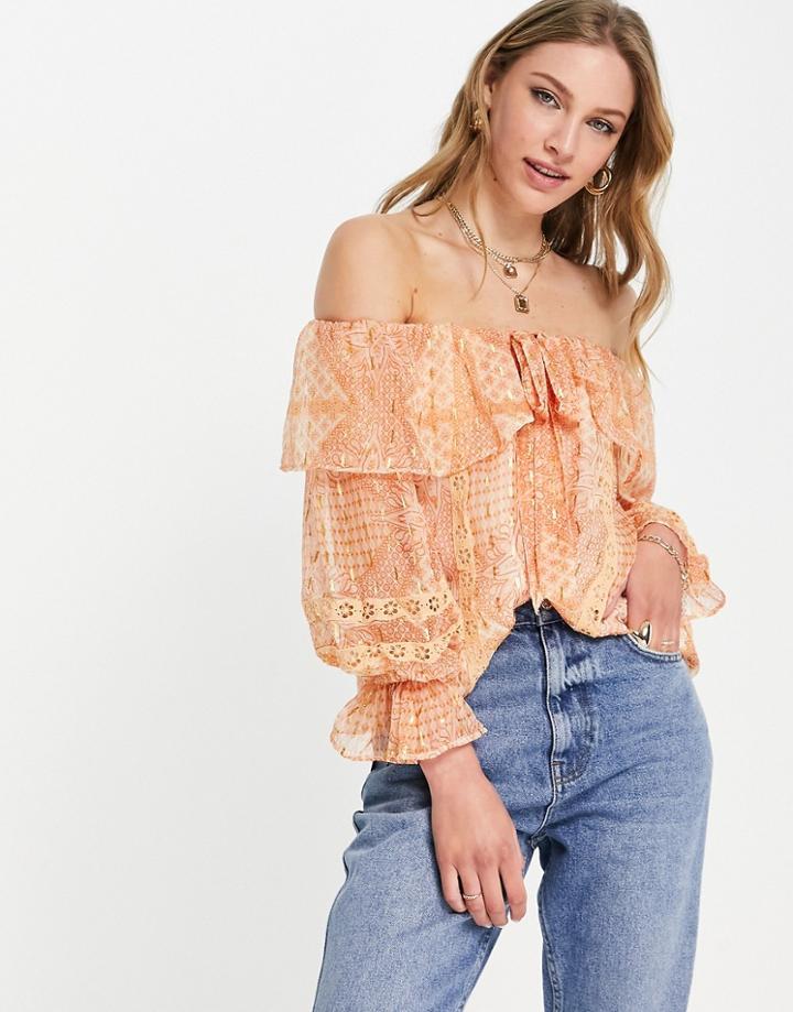 River Island Bardot Printed Blouse In Orange