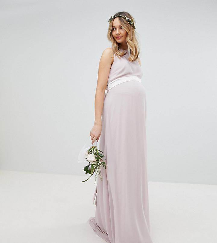Tfnc Maternity Wedding Sateen Bow Back Maxi Dress-brown