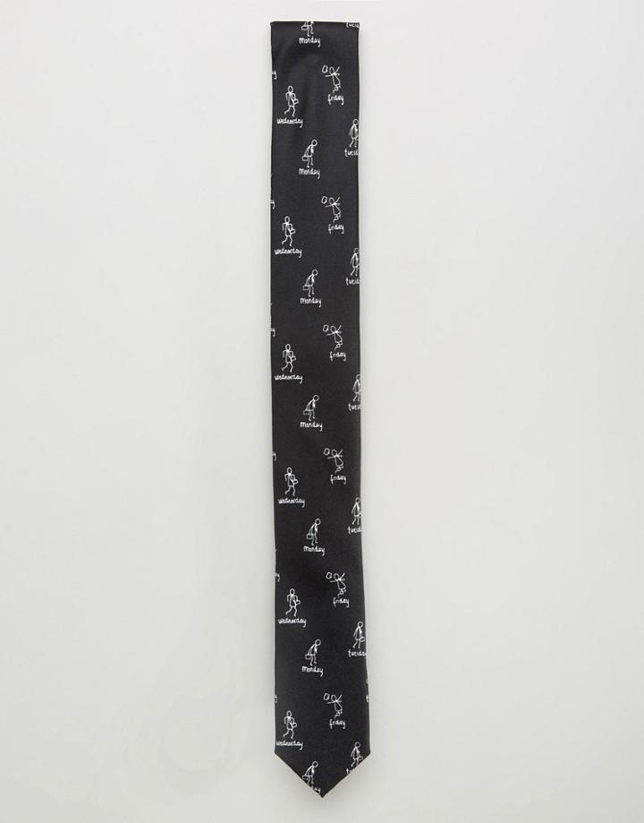 Asos Slim Tie With Monday To Friday Print - Black