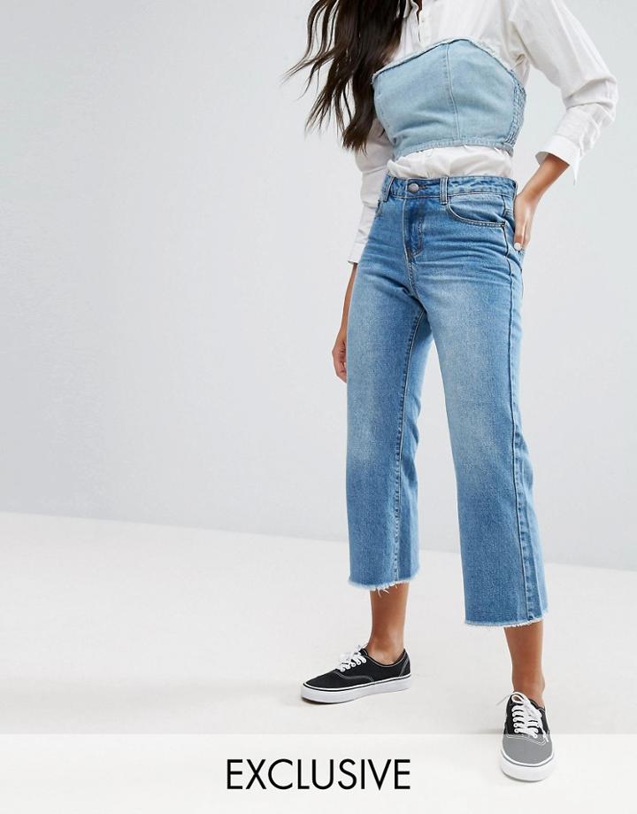 Liquor & Poker Wide Leg Cropped Jean With Raw Hem - Blue
