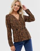 Pieces Printed Crossover Blouse-brown
