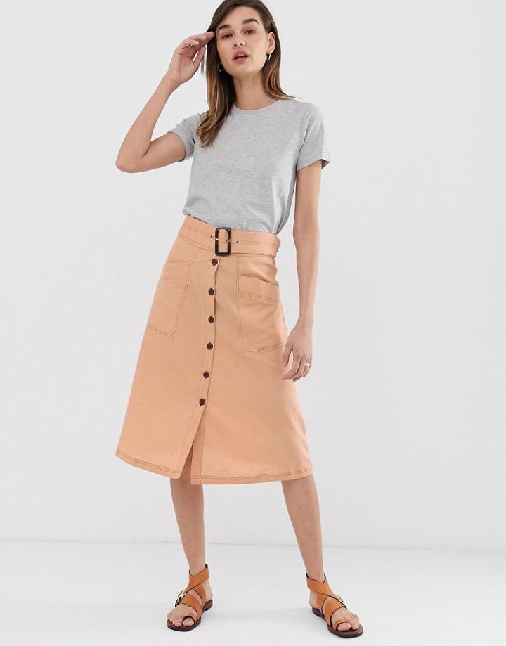 Asos Design Button Front Midi Skirt With Tortoise Shell Belt And Contrast Stitching-stone