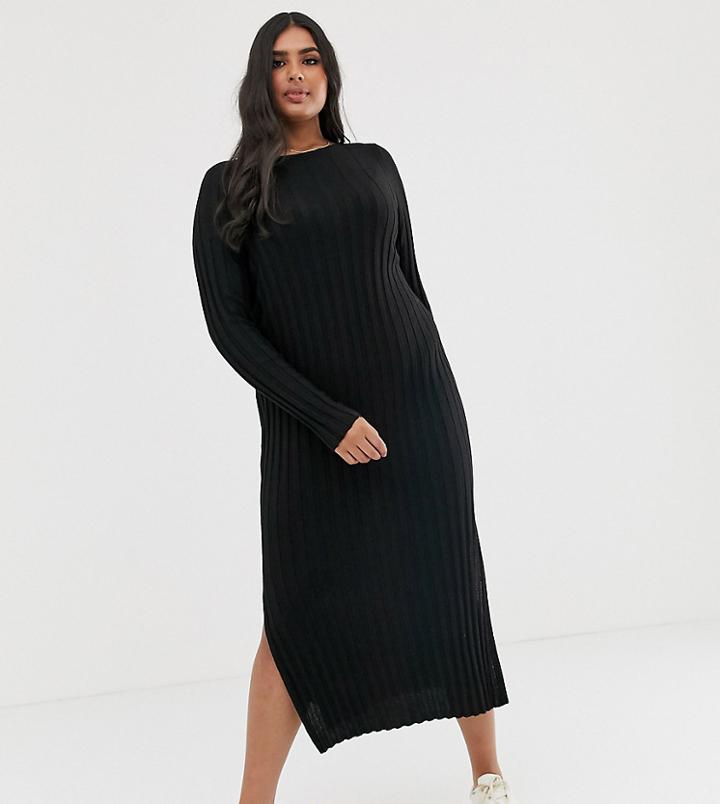 Asos Design Curve Fine Knit Midi Dress In Rib In Recycled Blend-black