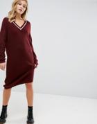 Asos Knitted Dress With Slouchy V Neck And Tipping - Red