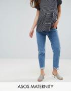 Asos Maternity Florence Authentic Straight Leg Jean In Mid Blue With Stepped Waistband And Raw Hem - Blue