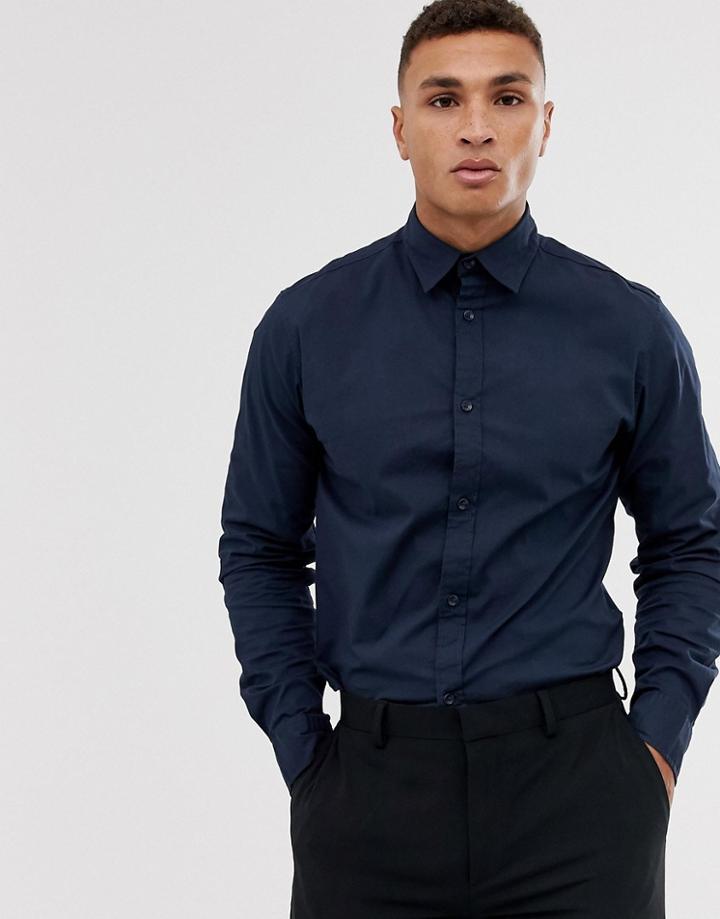 Jack & Jones Slim Stretch Poplin Shirt In Navy - Navy